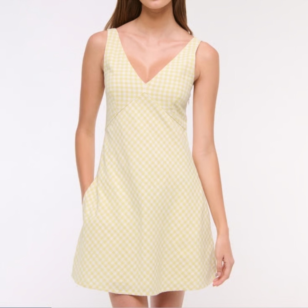 Abercrombie V-Neck Linen-Blend Mini Dress in Yellow Gingham